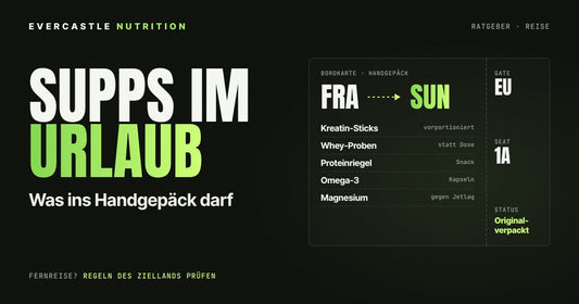 Supplements im Urlaub als Bordkarte: Kreatin-Sticks, Whey-Proben, Proteinriegel, Omega-3 und Magnesium im Handgepäck