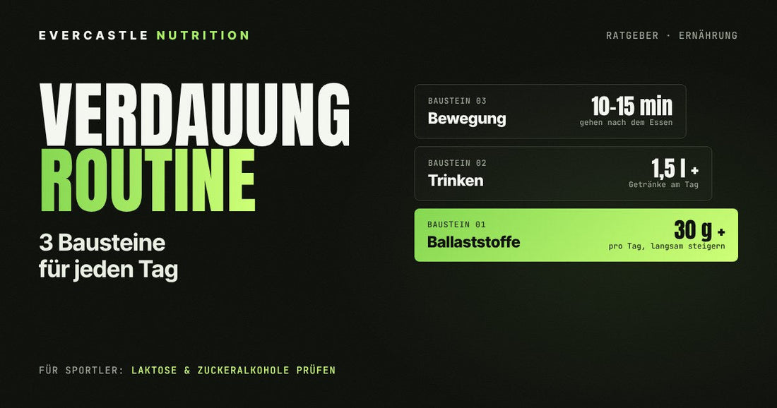 Verdauungs-Routine in 3 Bausteinen: 30 g Ballaststoffe, 1,5 Liter Trinken und 10 bis 15 Minuten Bewegung täglich