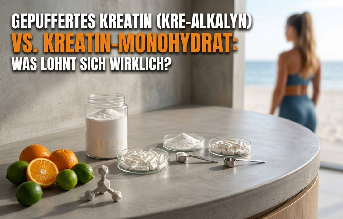 Vergleich von gepuffertem Kreatin Kre-Alkalyn und Kreatin-Monohydrat in Pulver- und Kapselform auf einem Tisch.