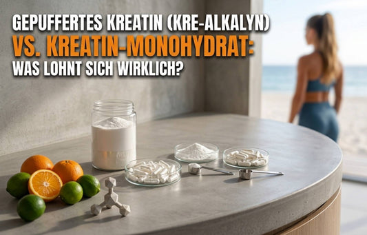 Vergleich von gepuffertem Kreatin Kre-Alkalyn und Kreatin-Monohydrat in Pulver- und Kapselform auf einem Tisch.