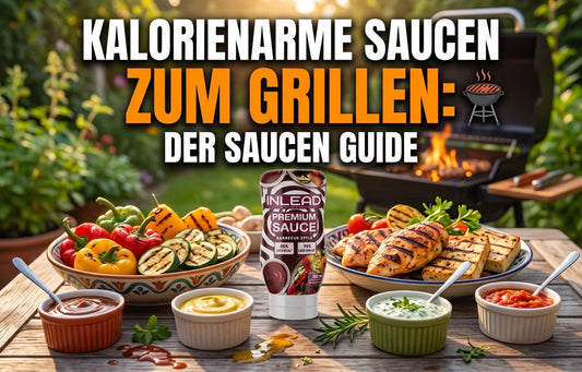 alorienarme Saucen zum Grillen – Der Saucen Guide mit gegrilltem Hähnchen, Gemüse und Inlead Barbecue Sauce auf einem Gartentisch