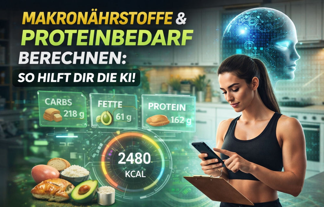 Eine junge Frau in einer Küche nutzt ein Tablet mit einer KI-Ernährungs-App, um ihre Makronährstoffe und ihren Proteinbedarf zu berechnen; auf dem Tisch liegen frische Lebensmittel wie Avocado, Eier, Reis und Brot