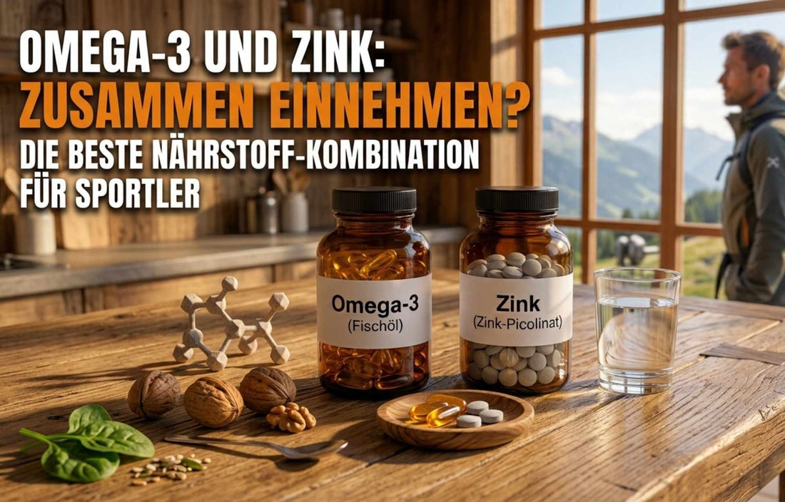 rustikaler Holztisch mit Omega-3-Fischöl-Kapseln, Zink-Tabletten und einem Mann beim Wandern im Hintergrund