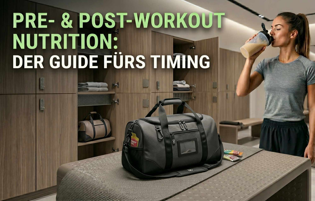 Eine sportliche Frau steht in einer modernen Fitnessstudio-Umkleide und trinkt aus einem Shaker. Auf einer Bank vor ihr liegt eine graue Sporttasche mit Riegeln. Text auf dem Bild: Pre- & Post-Workout Nutrition: Der Guide fürs Timing.
