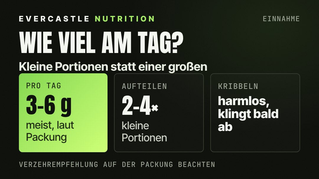 Beta-Alanin Einnahme: meist 3 bis 6 g pro Tag, aufgeteilt auf mehrere kleine Portionen, gern zu einer Mahlzeit; das Kribbeln ist harmlos