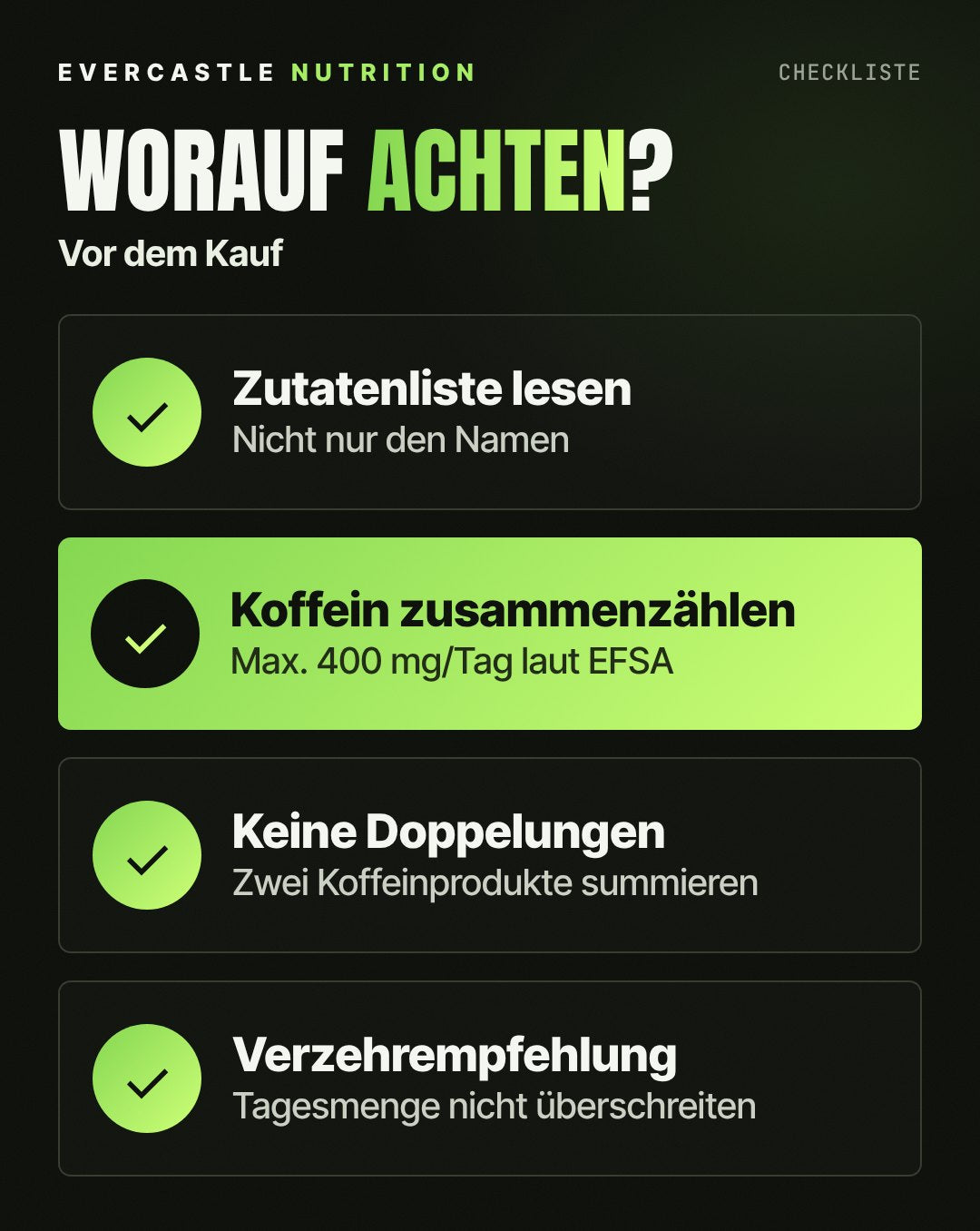 Checkliste für den Kauf von Diät-Supplements: Zutatenliste lesen, Koffein pro Tag im Blick behalten mit höchstens 400 mg laut EFSA, keine zwei koffeinhaltigen Produkte doppeln, Verzehrempfehlung einhalten