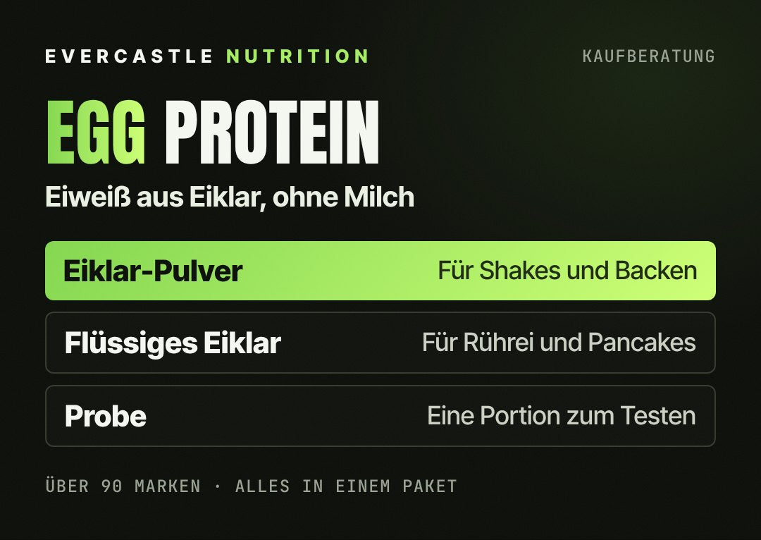 Egg Protein in drei Formen: Eiklar-Pulver für Shakes und Backen (hervorgehoben), flüssiges Eiklar für Rührei, Omelett und Pancakes, Probe mit einer Portion zum Testen