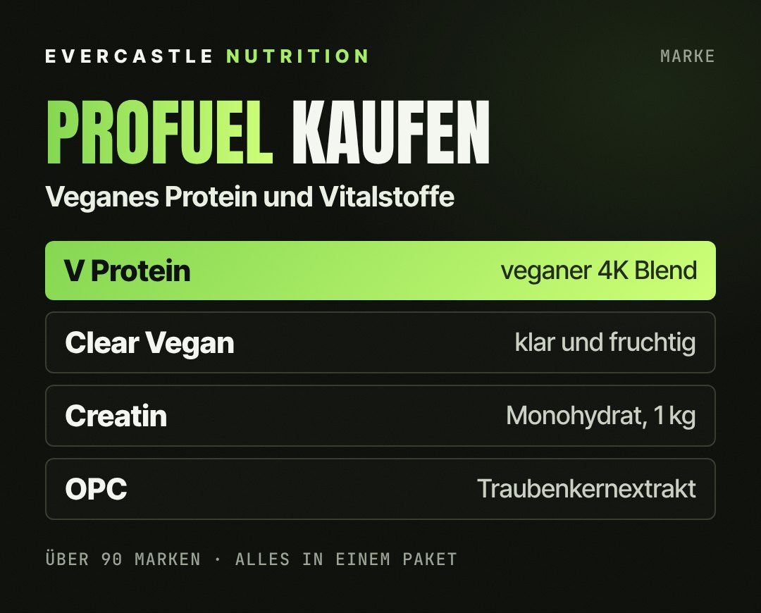 ProFuel bei Evercastle: beliebte Produkte wie V Protein 4K Blend, Clear Protein Vegan, Creatin und OPC Traubenkernextrakt