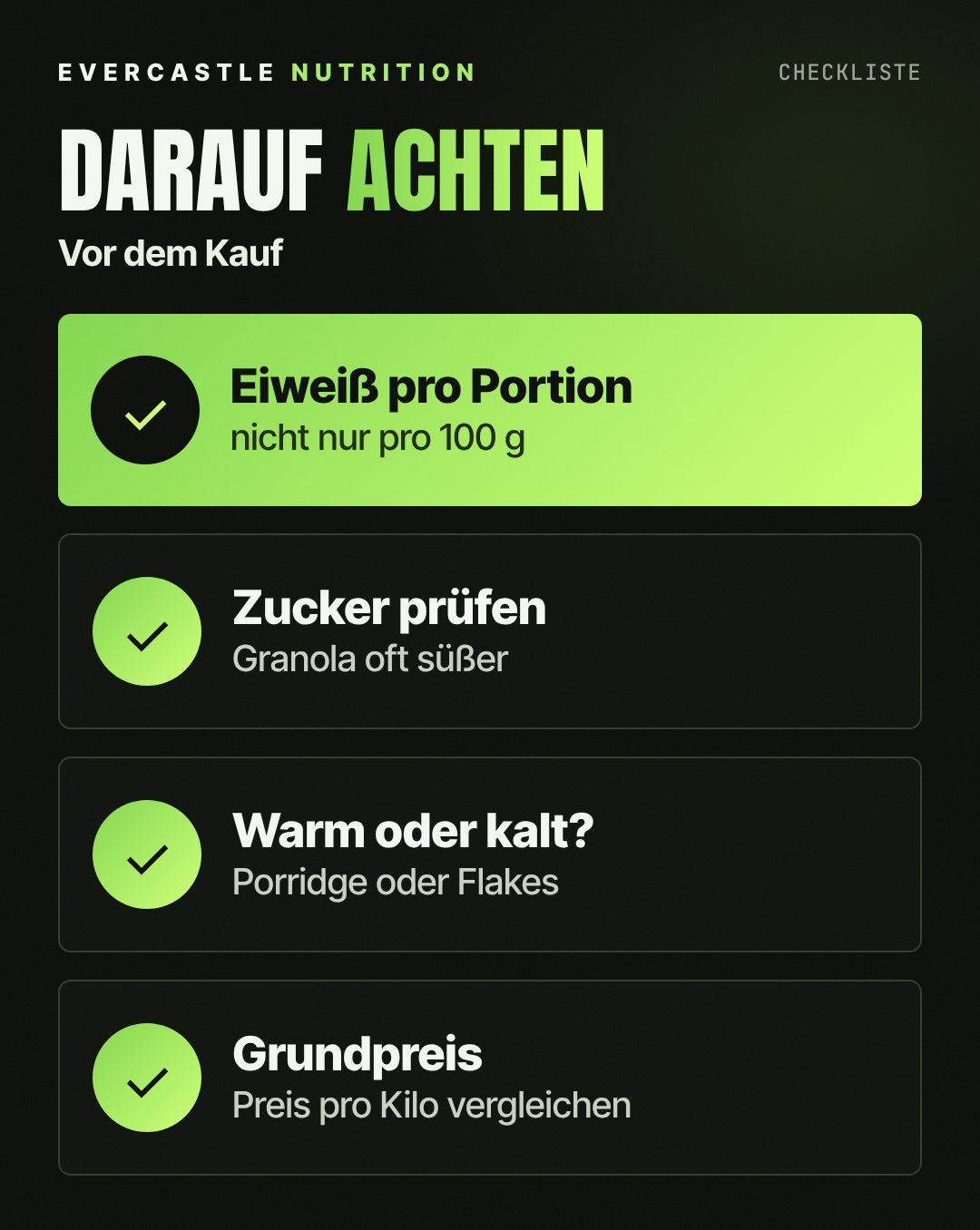 Checkliste für den Kauf von Protein Müsli: Eiweiß pro Portion vergleichen, Zucker prüfen, Zubereitung warm oder kalt wählen, Grundpreis vergleichen