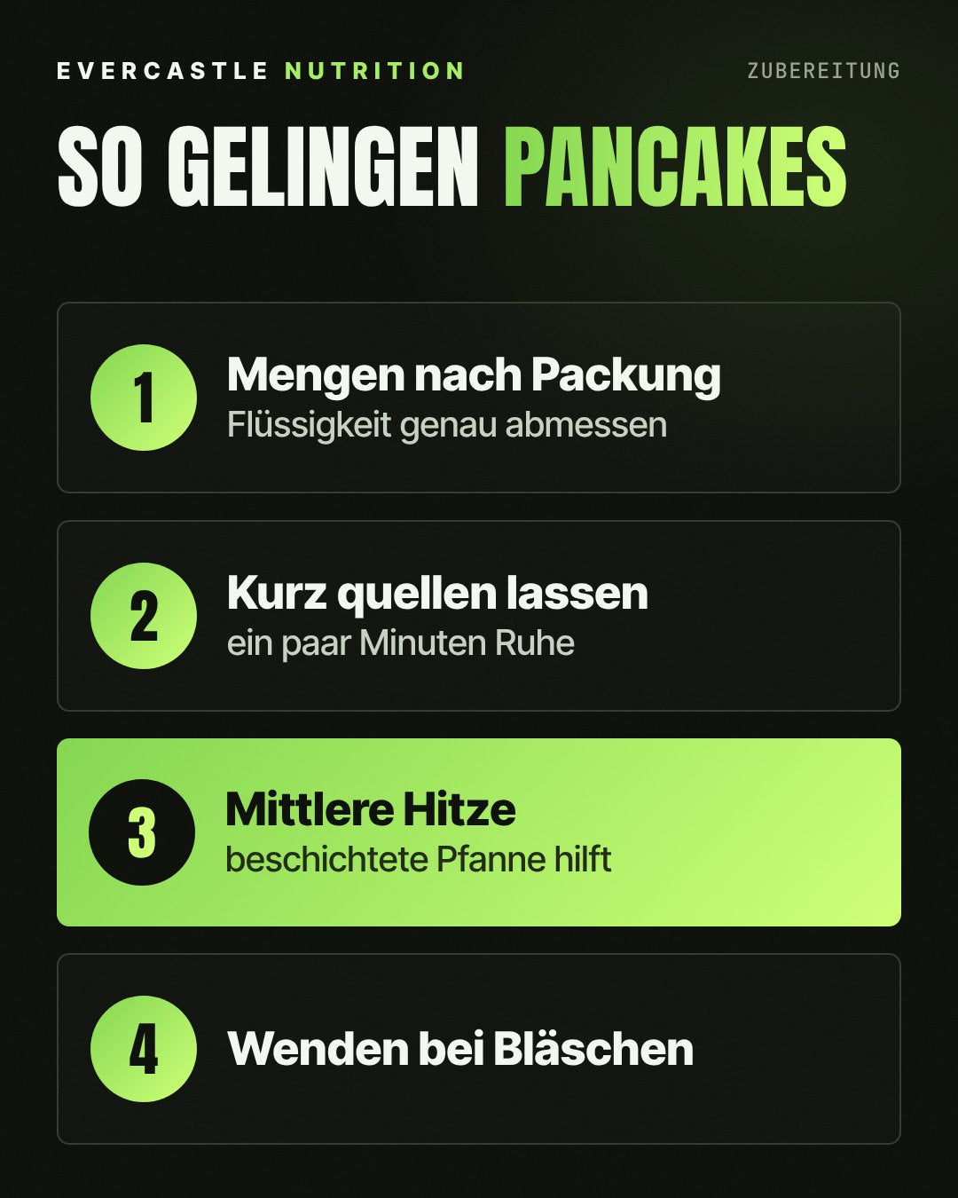 Vier Schritte für Protein Pancakes: Flüssigkeit nach Packung abmessen, Teig kurz quellen lassen, bei mittlerer Hitze backen, wenden sobald sich Bläschen bilden