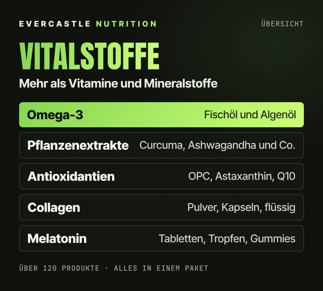 Übersicht Vitalstoffe bei Evercastle: Omega-3 aus Fischöl und Algenöl hervorgehoben, dazu Pflanzenextrakte wie Curcuma und Ashwagandha, Antioxidantien wie OPC und Astaxanthin, Collagen als Pulver und Kapseln sowie Melatonin als Tabletten und Tropfen