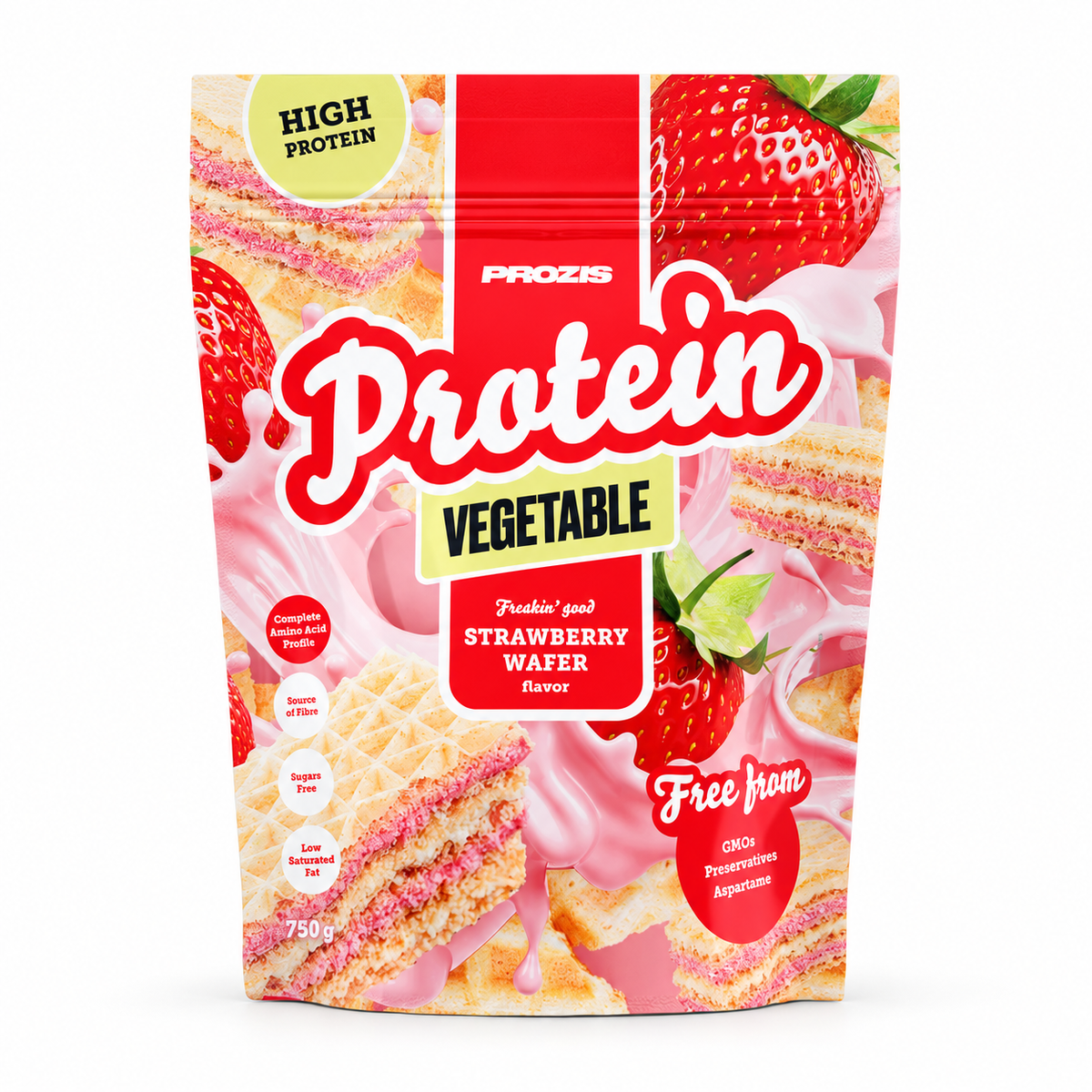 Prozis Vegetable Protein Freaking Good 750g – Strawberry Wafer – Studio-Produktfoto